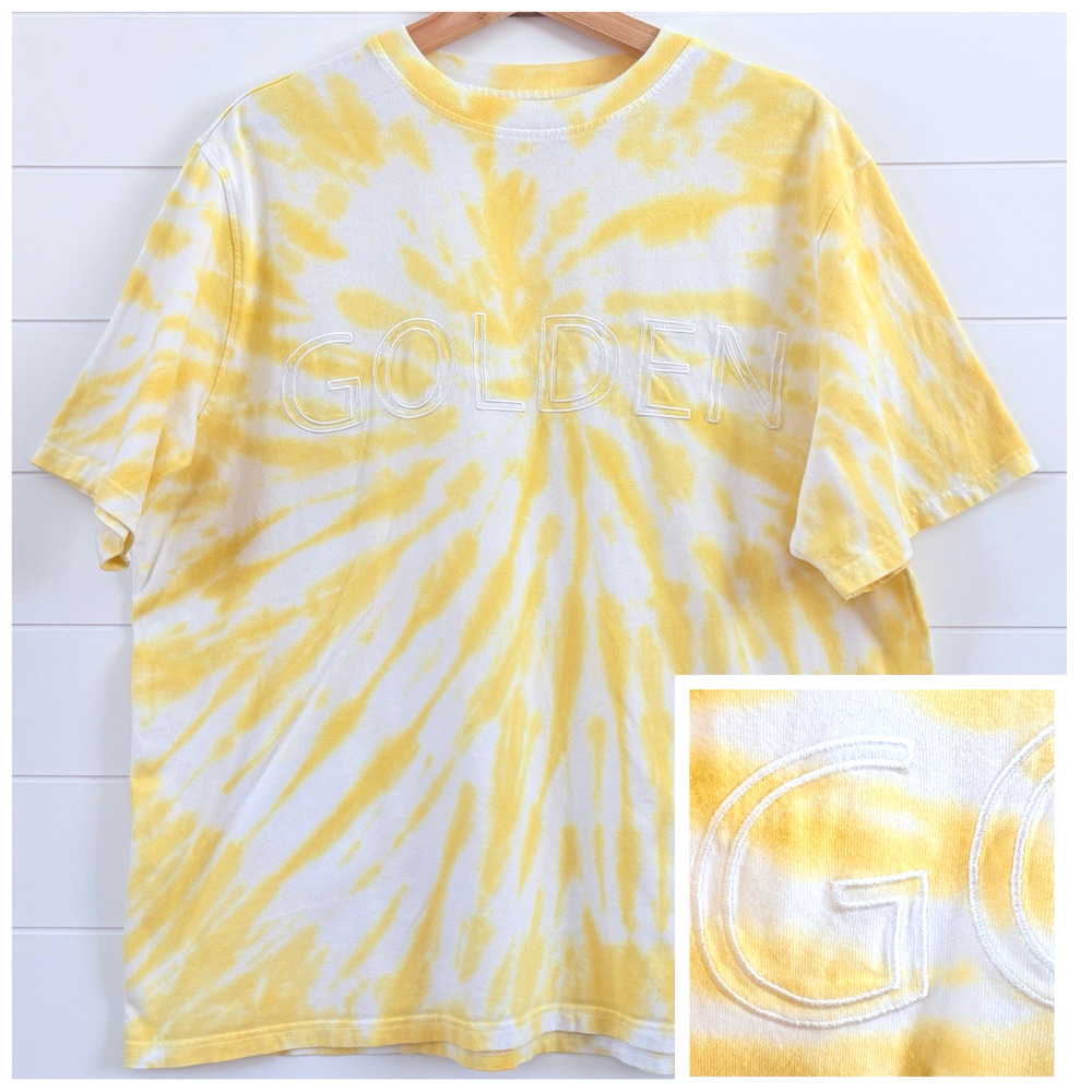 Post Surf GOLDEN Tie-Dye T-Shirt Embroidered Yellow White T-Shirt XL Beach Coast